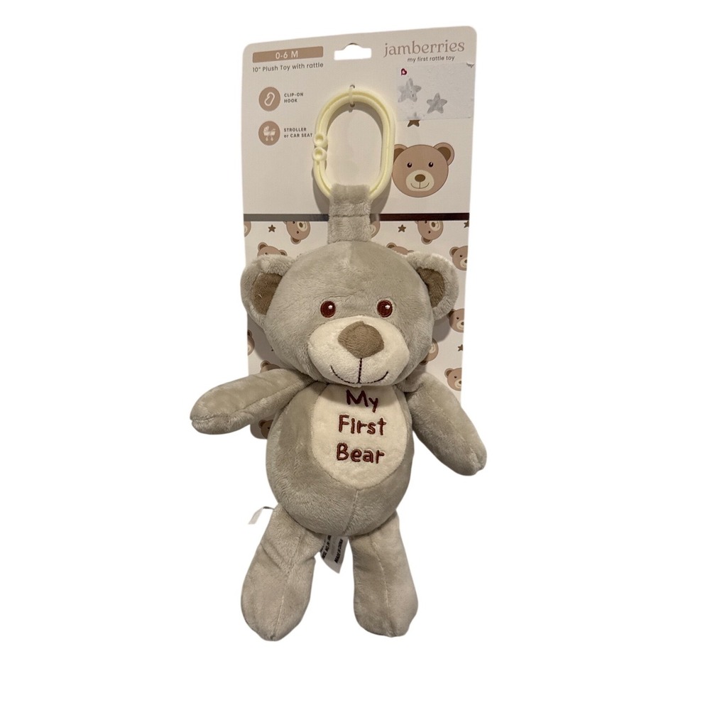 Baby My First Bear Gray 10" Lovey Rattle Plush Rattle Toy Gift Stroller Clip-On